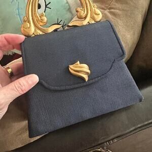 VTG 1950s Navy Grosgrain Evening Bag Ornate Carved Lucite Handle EUC